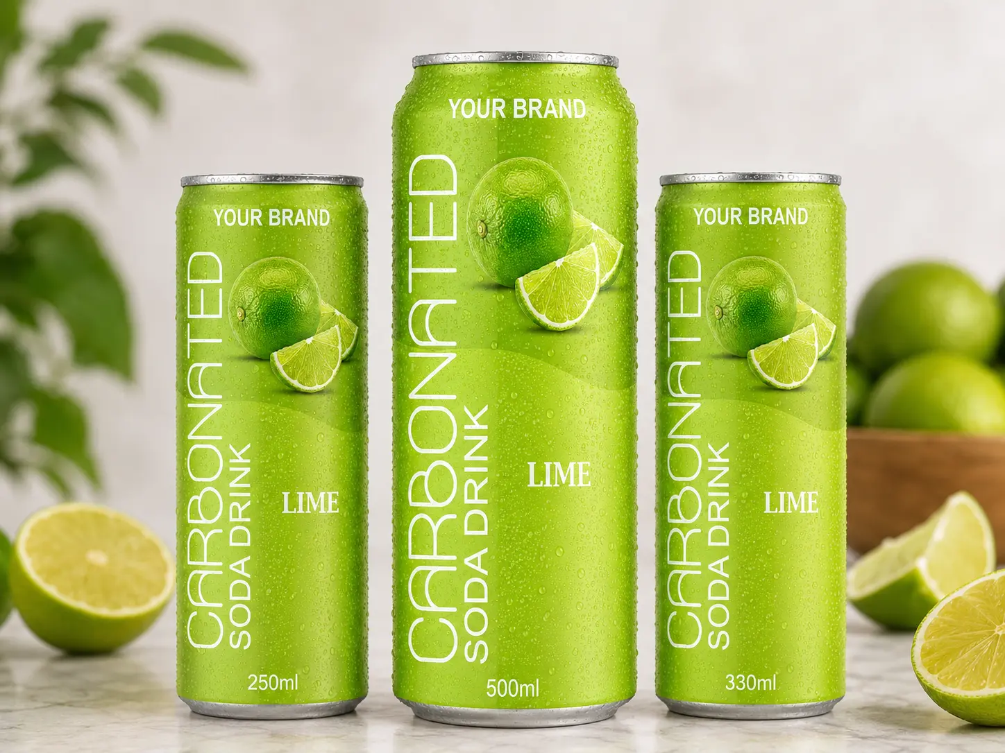 CARBONATED SODA DRINK Lime flavour in 250ml, 500ml and 330ml cans.